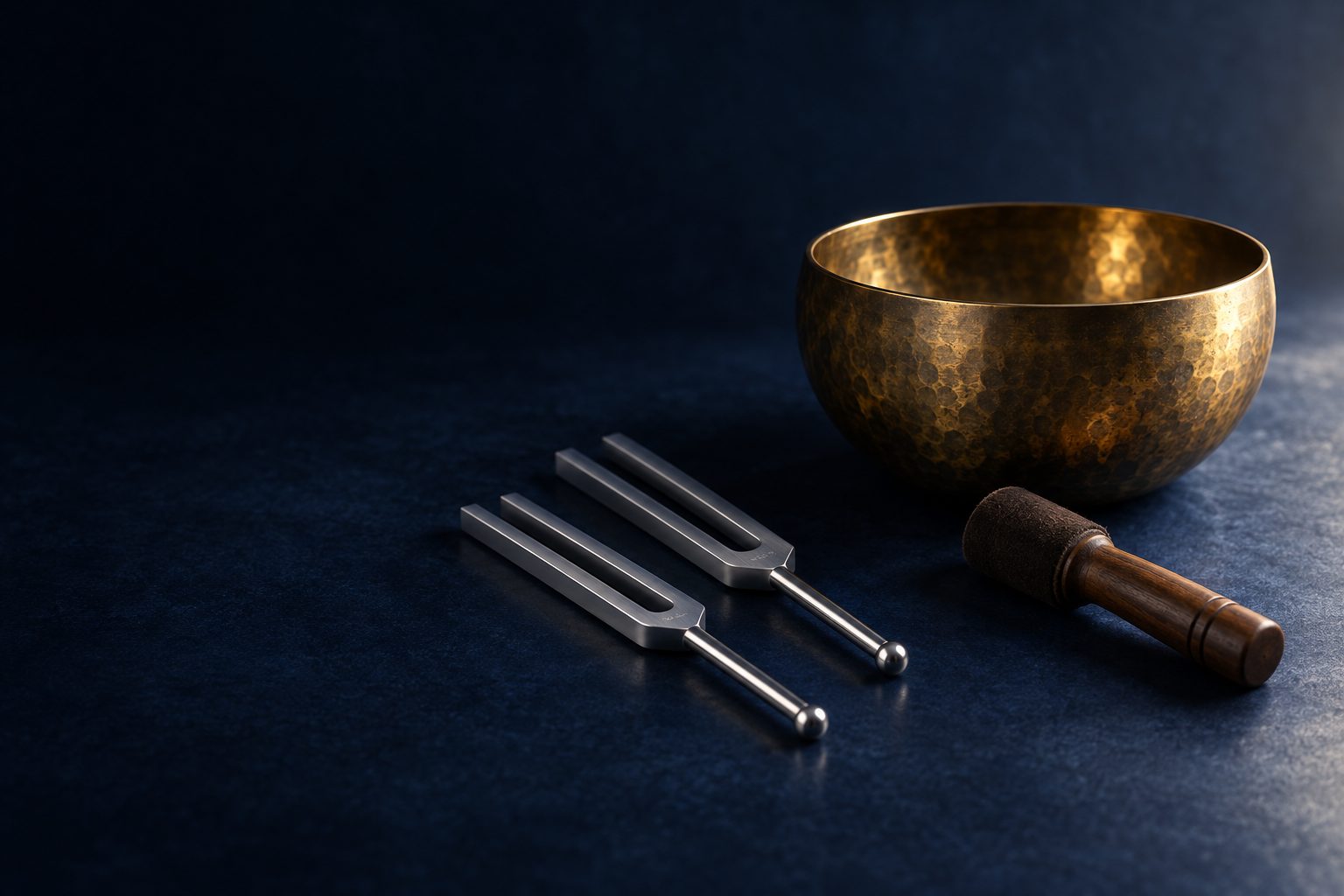 Two steel tuning forks beside a hammered bronze singing bowl and wooden striker